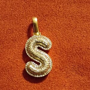 Unisex Solid 10k 0.30CT Initial S Diamond Pendant Gold Baguette Diamonds